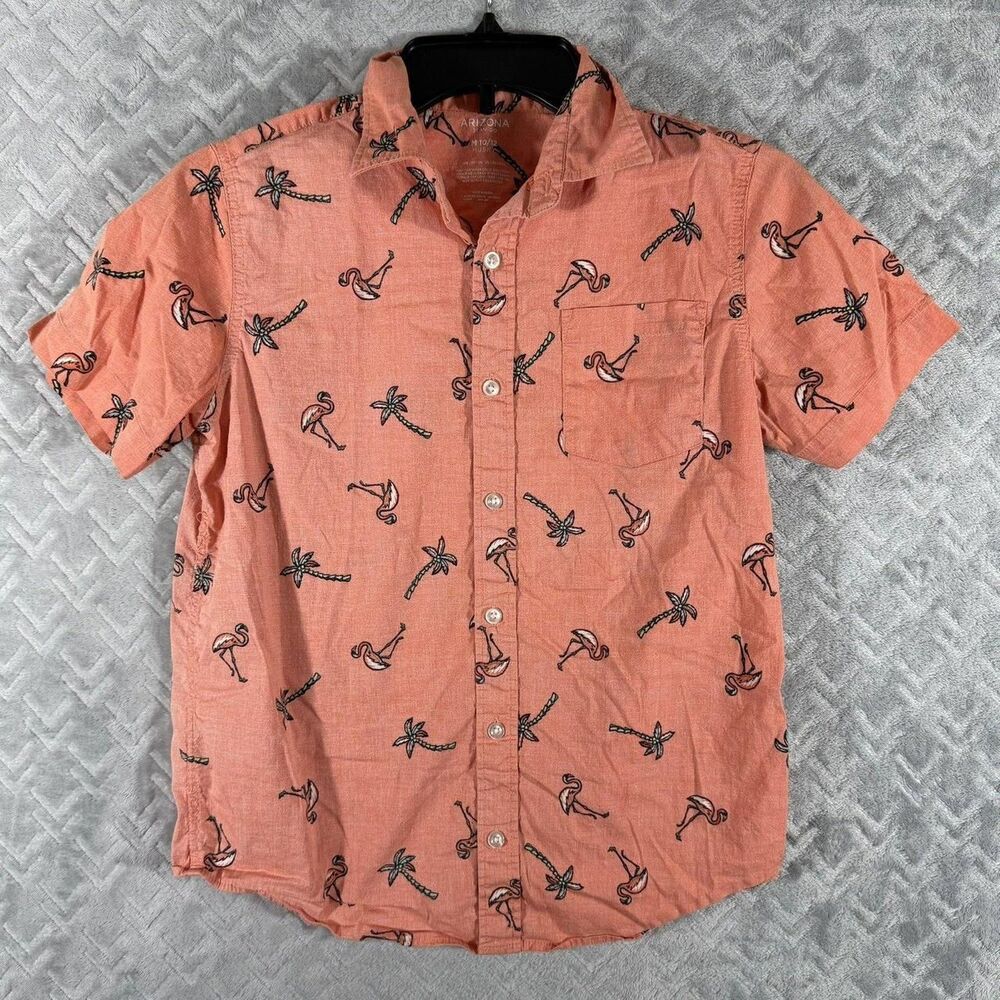 Arizona Brand Boys Button Down Shirt Sz Husky 10/12 Orange Flamingos Tropical